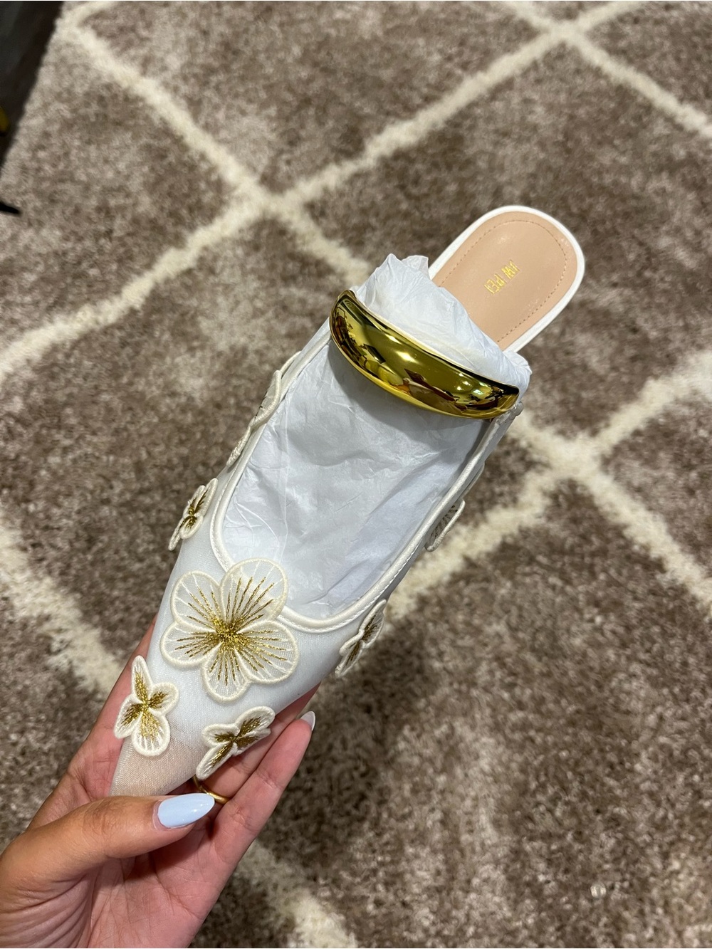 JW PEI White Floral Embroidered Mule with Gold Accent